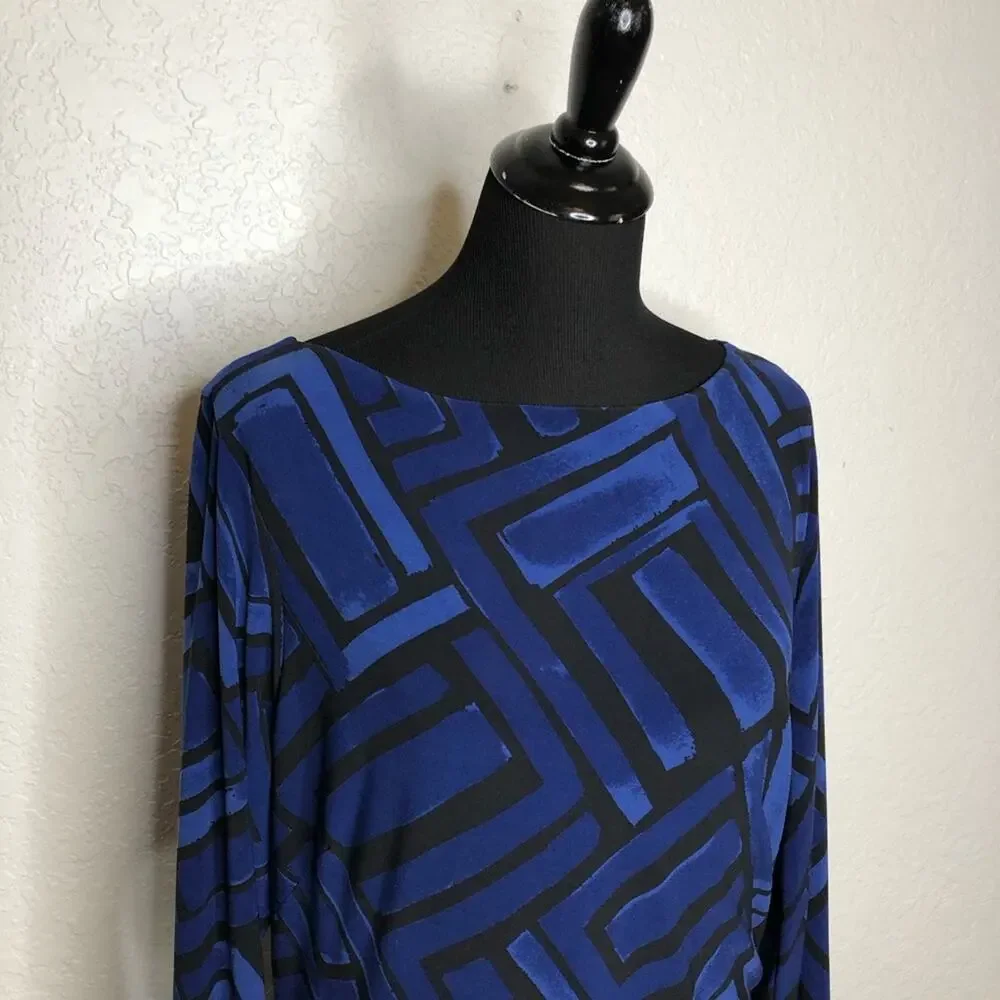 Lauren Ralph Lauren blue black geometric ruched side midi dress size 16W
